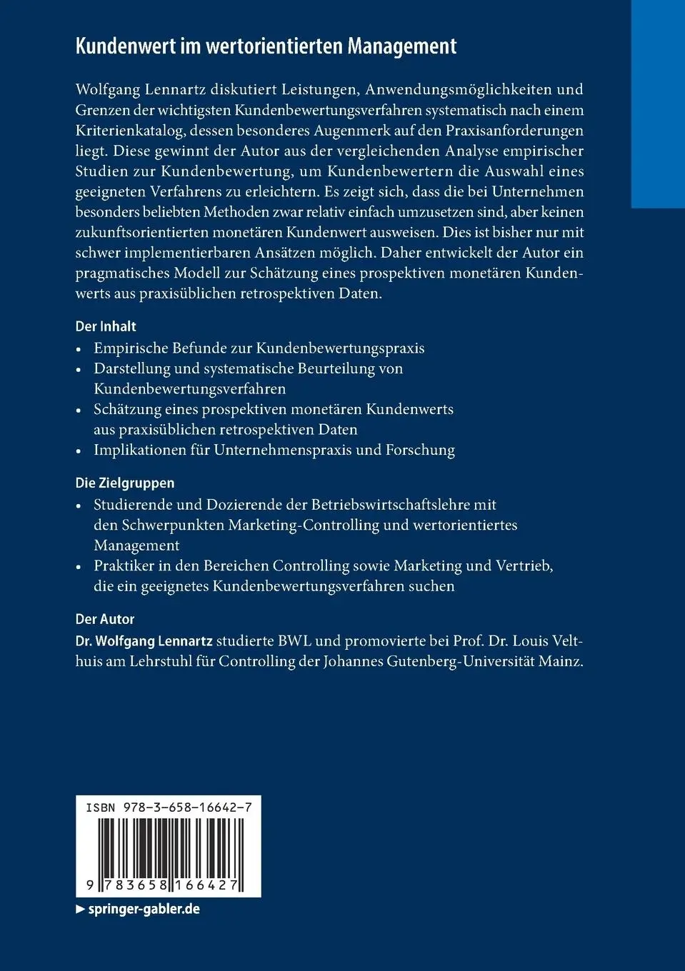 Rückseite: 9783658166427 | Kundenwert im wertorientierten Management | Wolfgang Lennartz | Buch