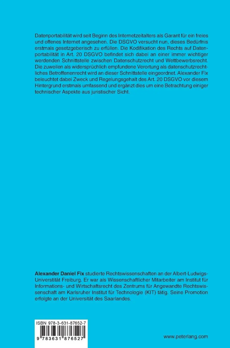 Rückseite: 9783631876527 | Das Recht auf Datenportabilität | Alexander Daniel Fix | Buch | 2022