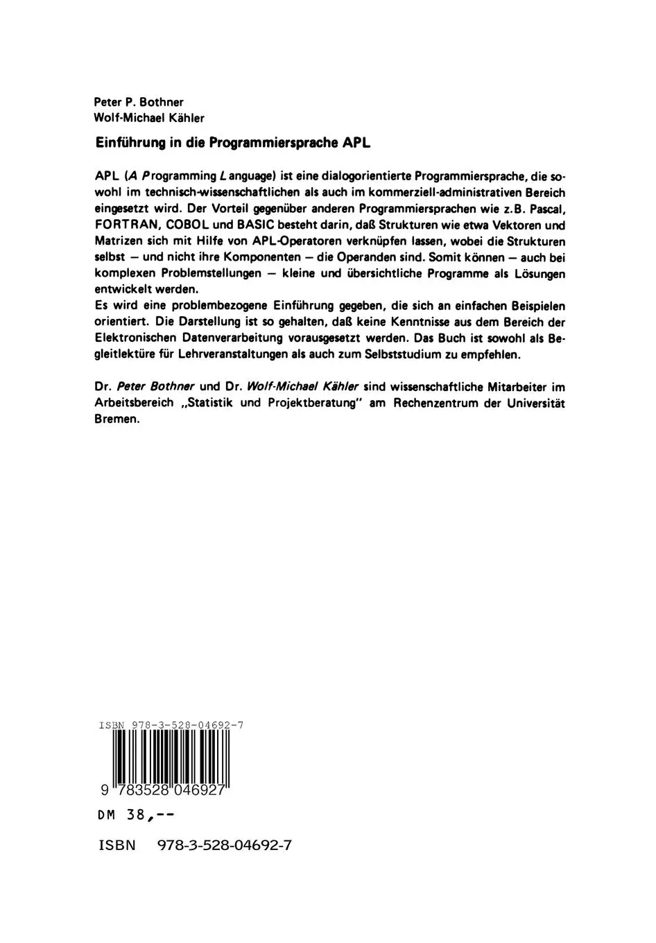 Rückseite: 9783528046927 | Einführung in die Programmiersprache APL | Wolf-Michael Kähler (u. a.)