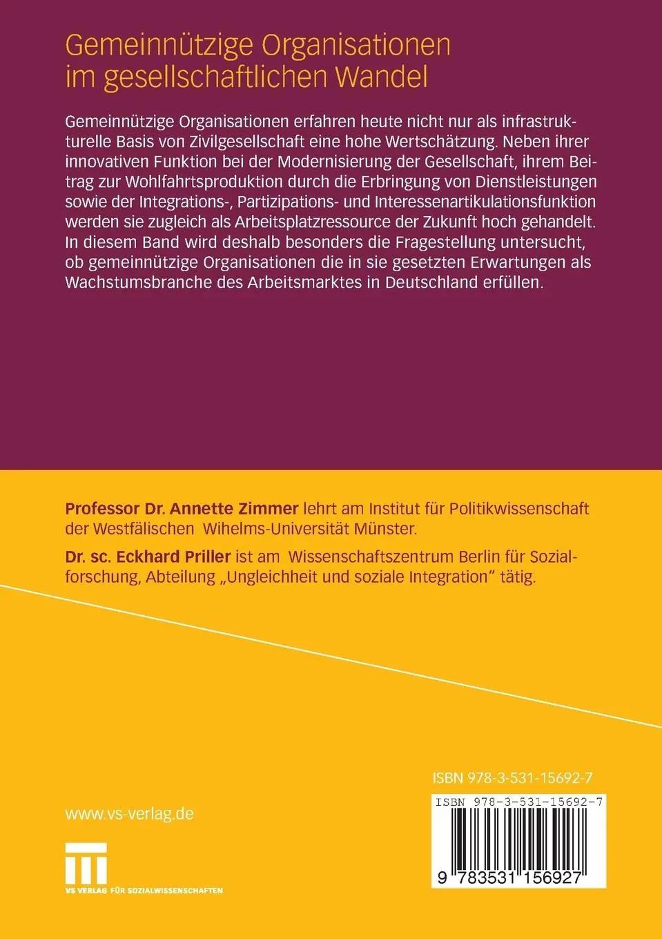 Rückseite: 9783531156927 | Gemeinnützige Organisationen im gesellschaftlichen Wandel | Buch