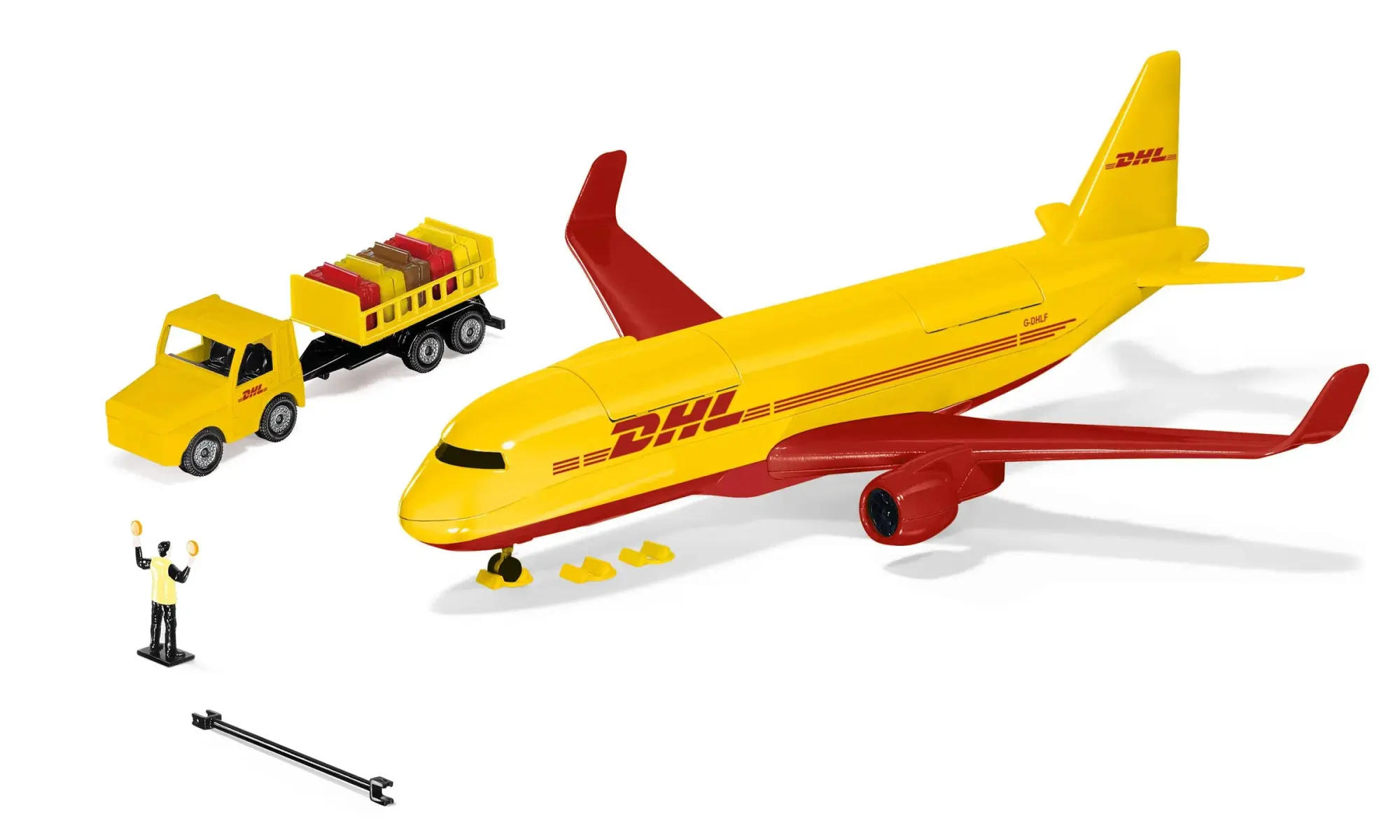Cover: 4006874017027 | SIKU 1702 - DHL Frachtflugzeug mit Gepäckwagen, Fluglotse und Zubehör
