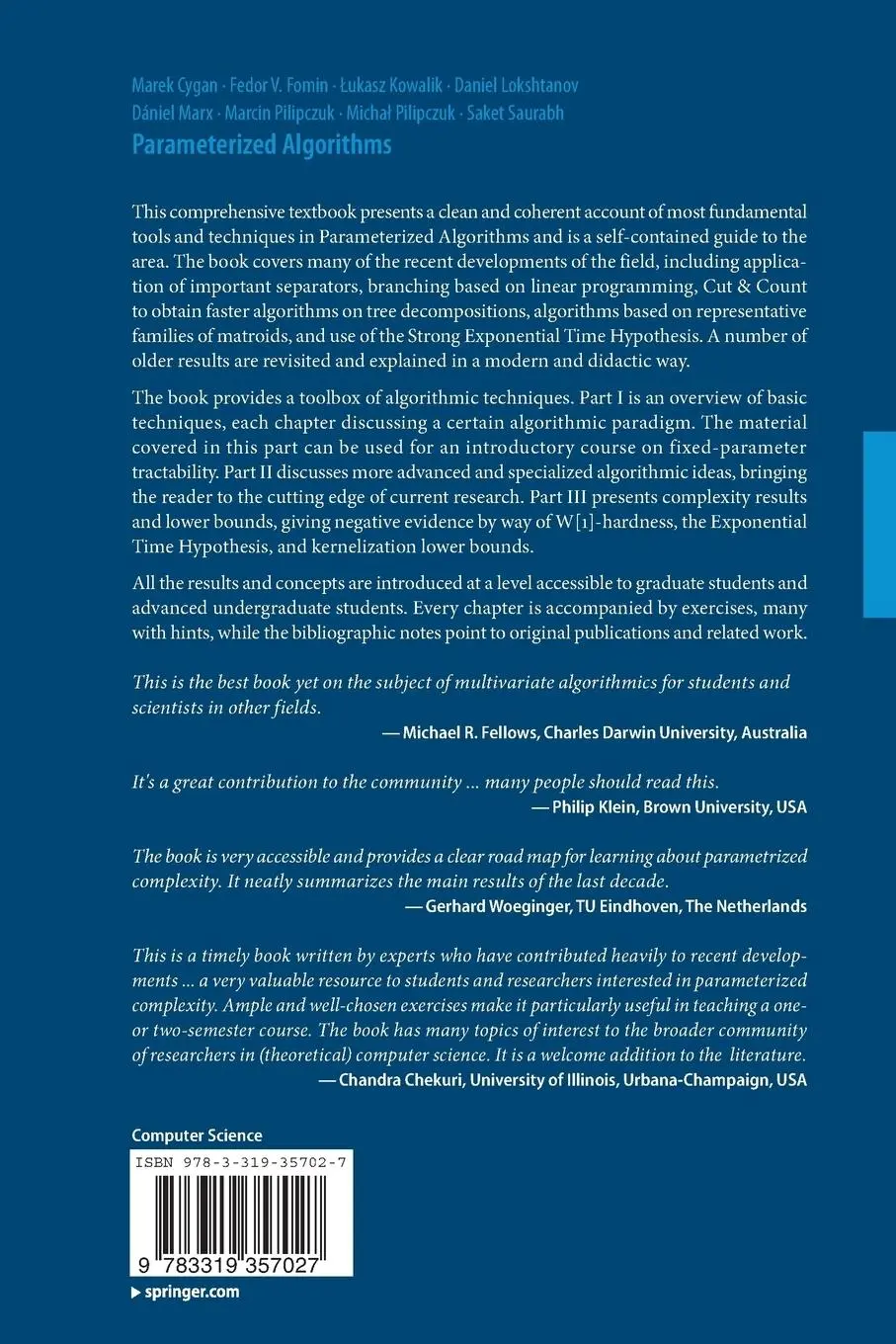 Rückseite: 9783319357027 | Parameterized Algorithms | Marek Cygan (u. a.) | Taschenbuch | xvii