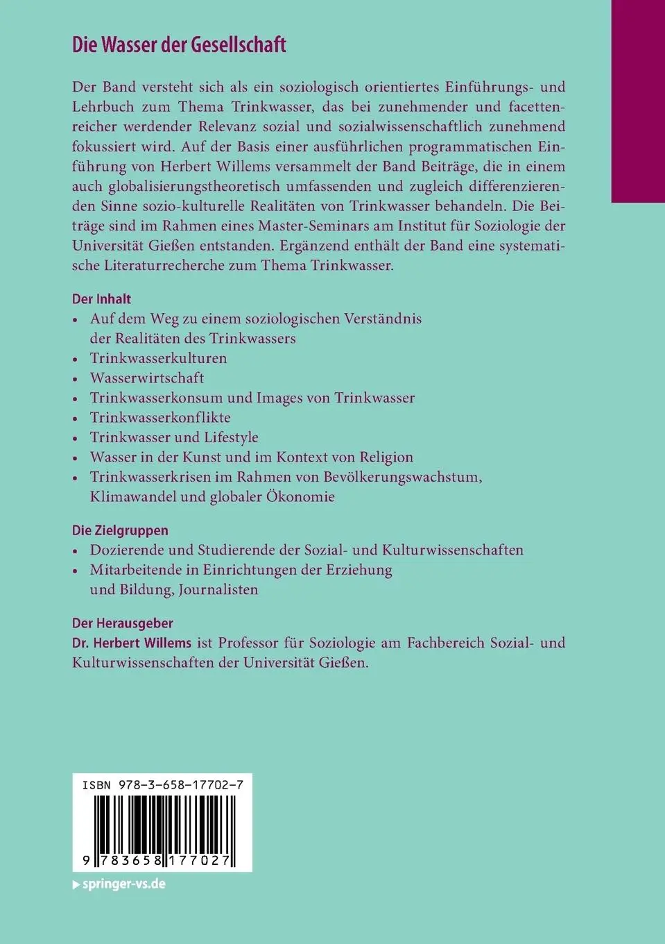 Rückseite: 9783658177027 | Die Wasser der Gesellschaft | Herbert Willems | Taschenbuch | XII