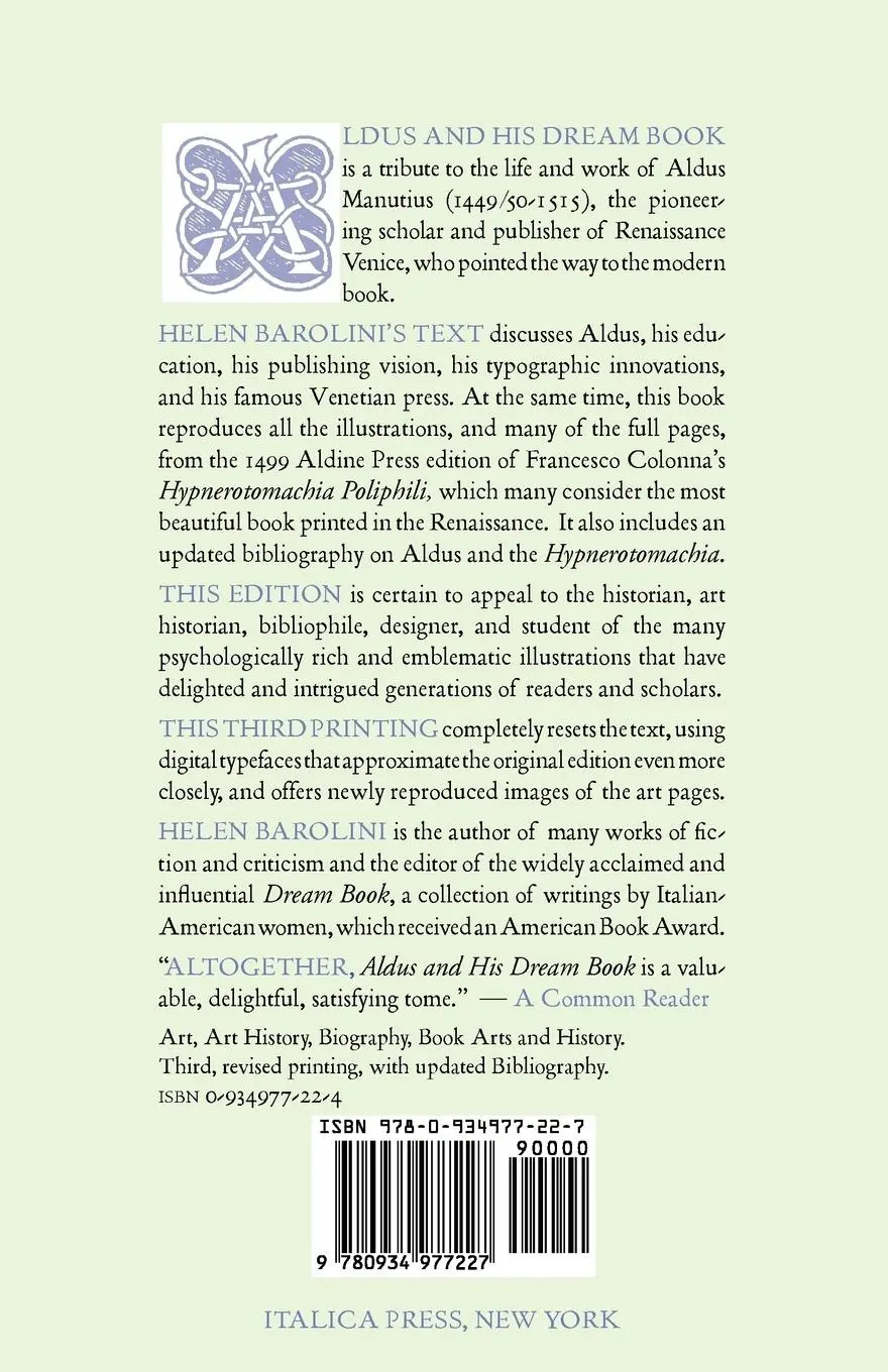 Rückseite: 9780934977227 | Aldus &amp; His Dream Book | An Illustrated Essay | Helen Barolini | Buch