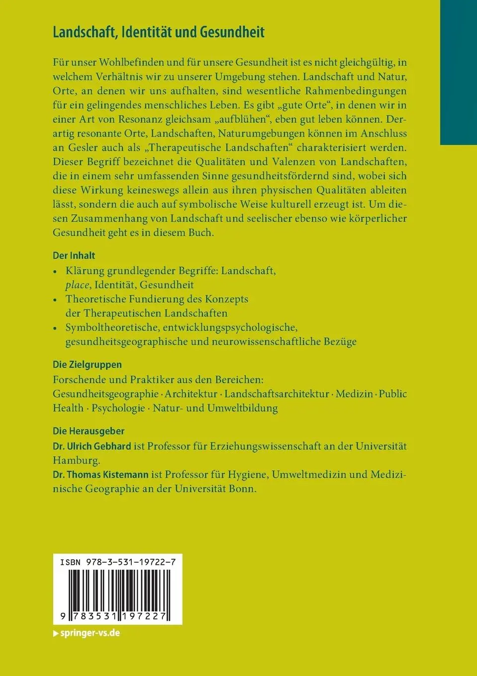 Rückseite: 9783531197227 | Landschaft, Identität und Gesundheit | Thomas Kistemann (u. a.) | Buch