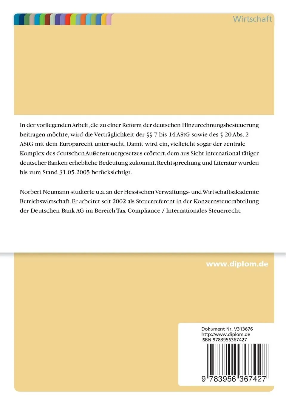 Rückseite: 9783956367427 | Deutsches Außensteuergesetz und EU-Recht aus deutscher Bankensicht