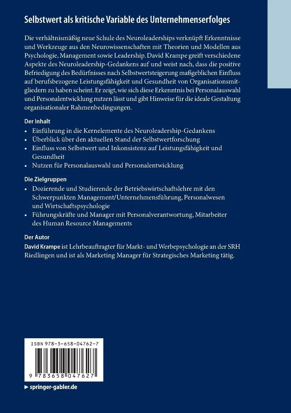 Rückseite: 9783658047627 | Selbstwert als kritische Variable des Unternehmenserfolges | Krampe