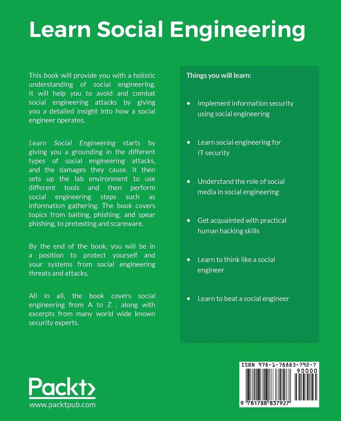 Rückseite: 9781788837927 | Learn Social Engineering | Erdal Ozkaya | Taschenbuch | Englisch