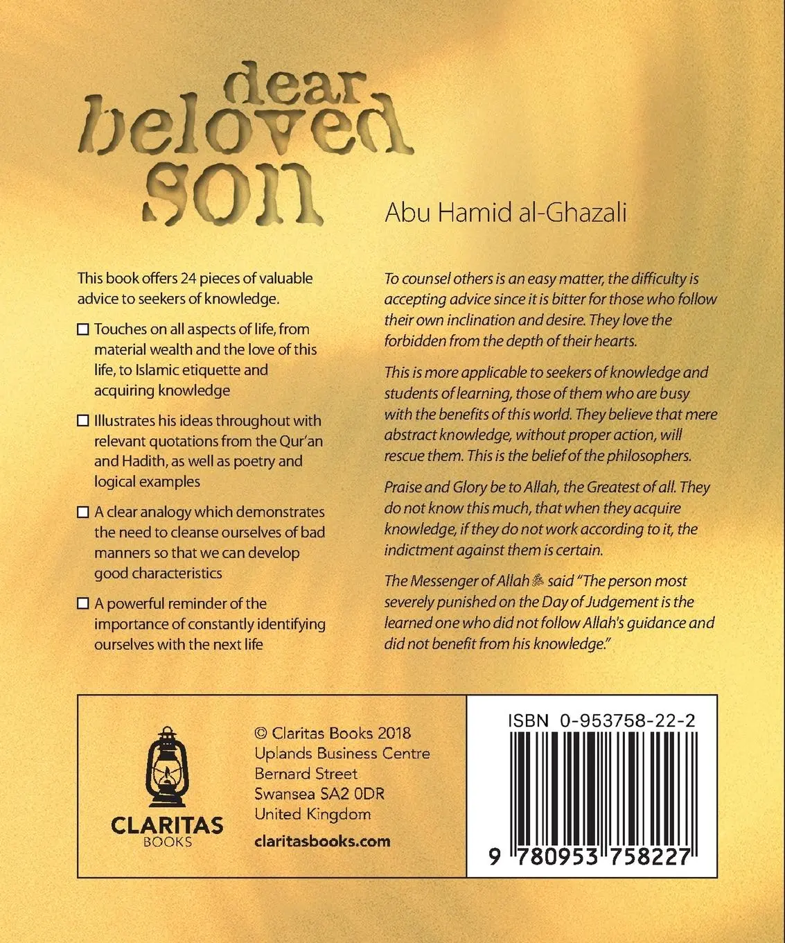 Rückseite: 9780953758227 | Dear Beloved Son | Abu Hamid Al-Ghazali | Taschenbuch | Englisch