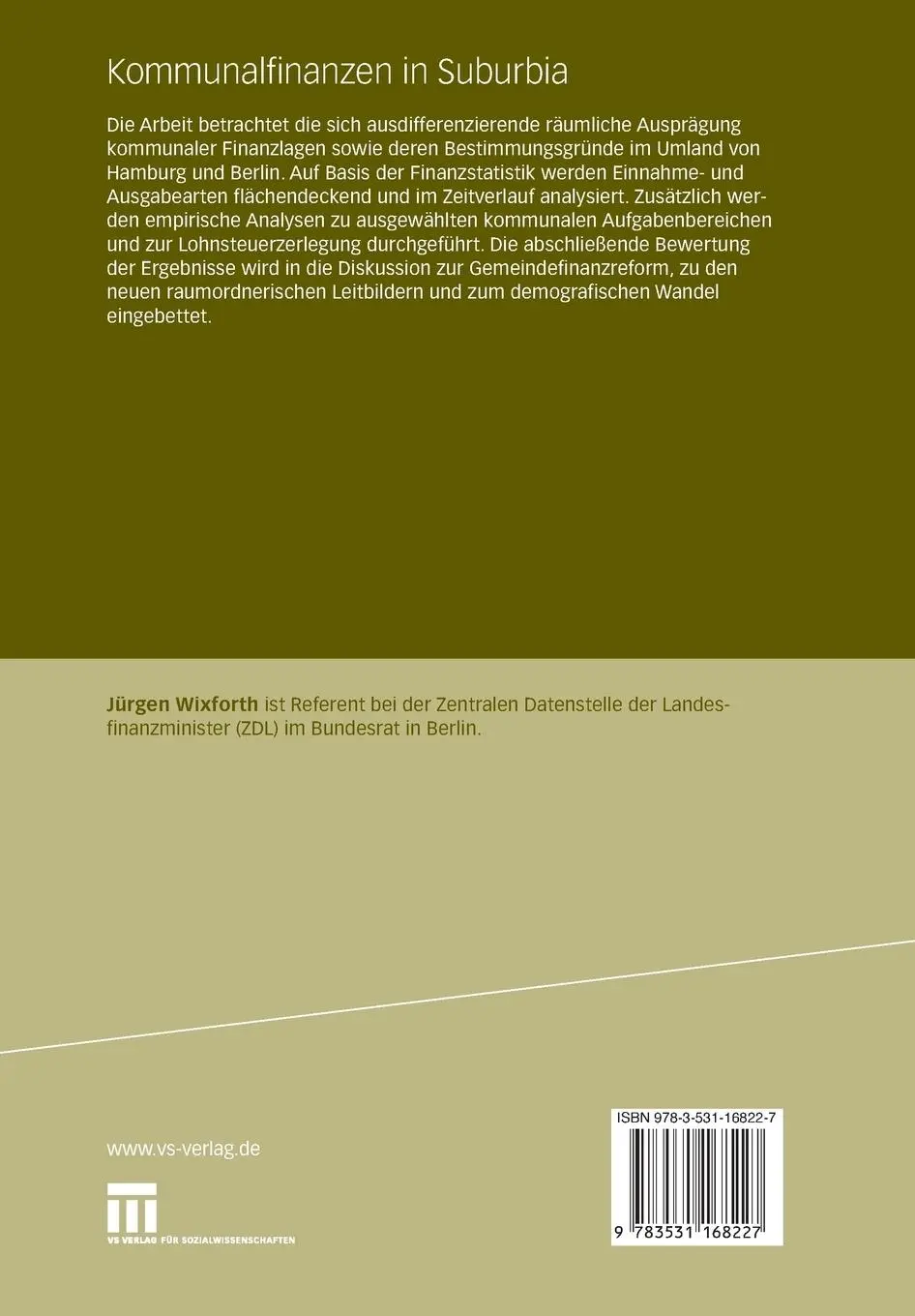 Rückseite: 9783531168227 | Kommunalfinanzen in Suburbia | Jürgen Wixforth | Taschenbuch | 406 S.