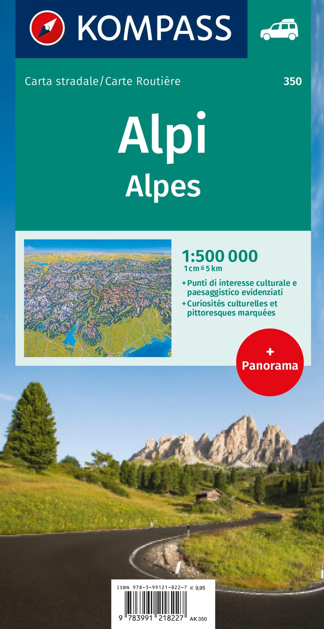 Rückseite: 9783991218227 | KOMPASS Autokarte Alpen, Alps, Alpi, Alpes 1:500.000 | (Land-)Karte