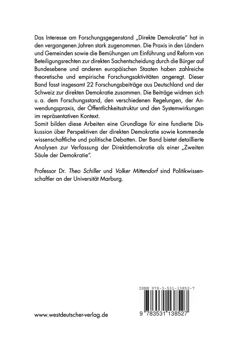 Rückseite: 9783531138527 | Direkte Demokratie | Forschung und Perspektiven | Mittendorf (u. a.)