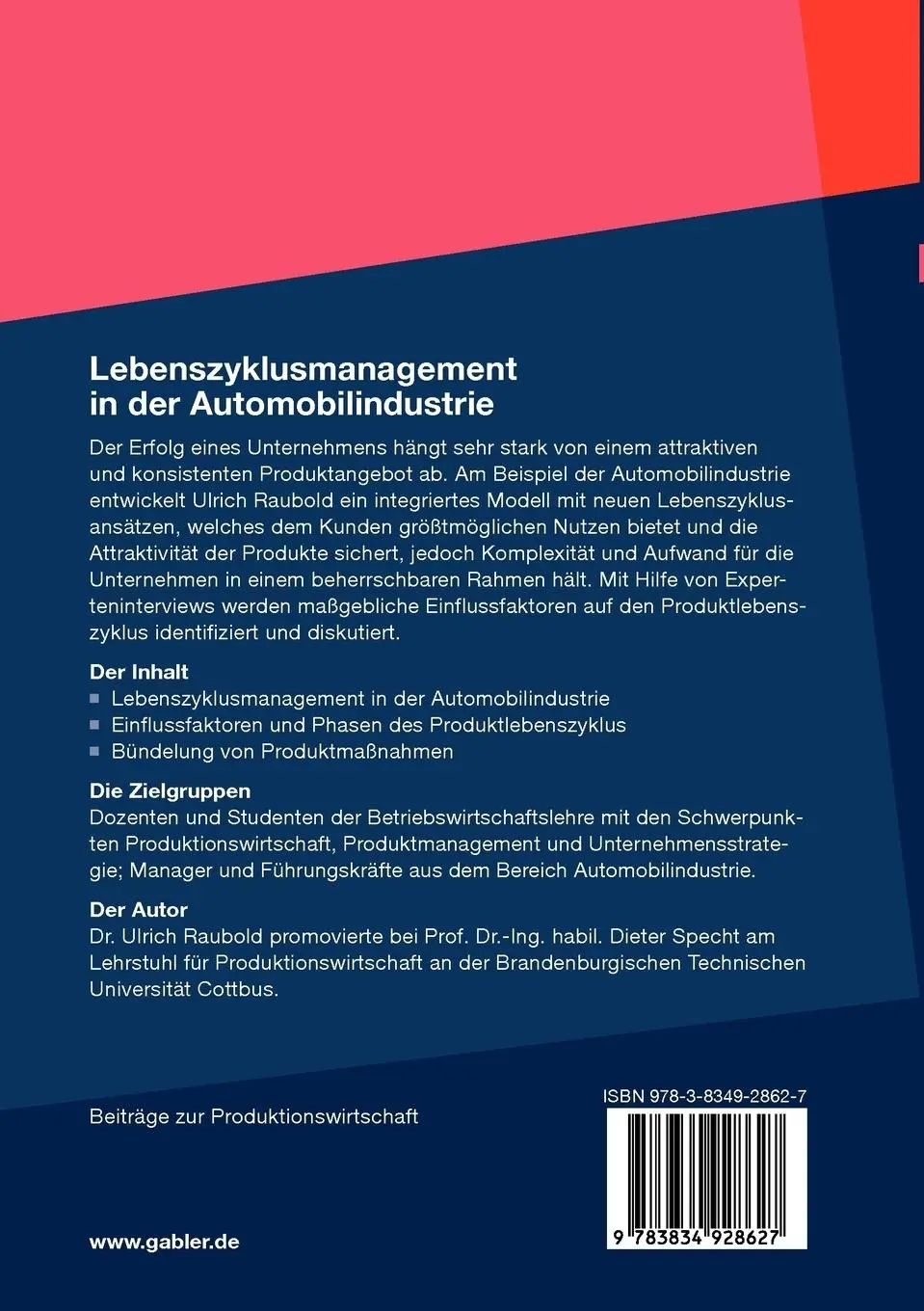 Rückseite: 9783834928627 | Lebenszyklusmanagement in der Automobilindustrie | Ulrich Raubold