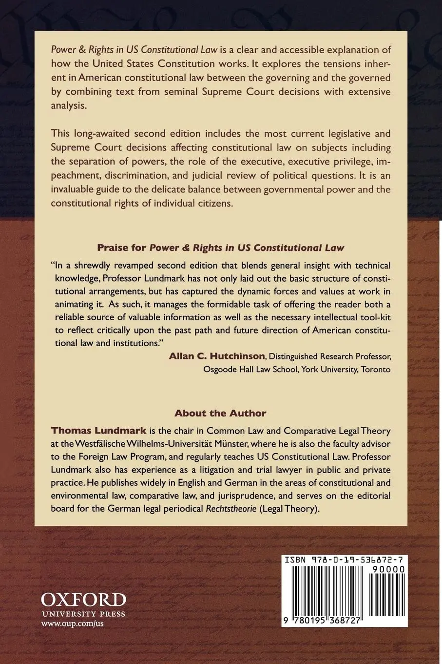 Rückseite: 9780195368727 | Power &amp; Rights in US Constitutional Law | Thomas Lundmark | Buch
