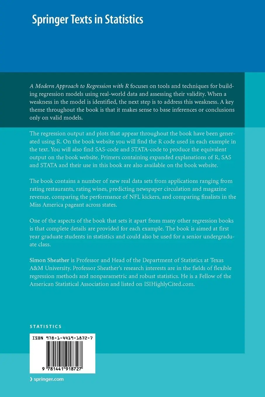 Rückseite: 9781441918727 | A Modern Approach to Regression with R | Simon Sheather | Taschenbuch