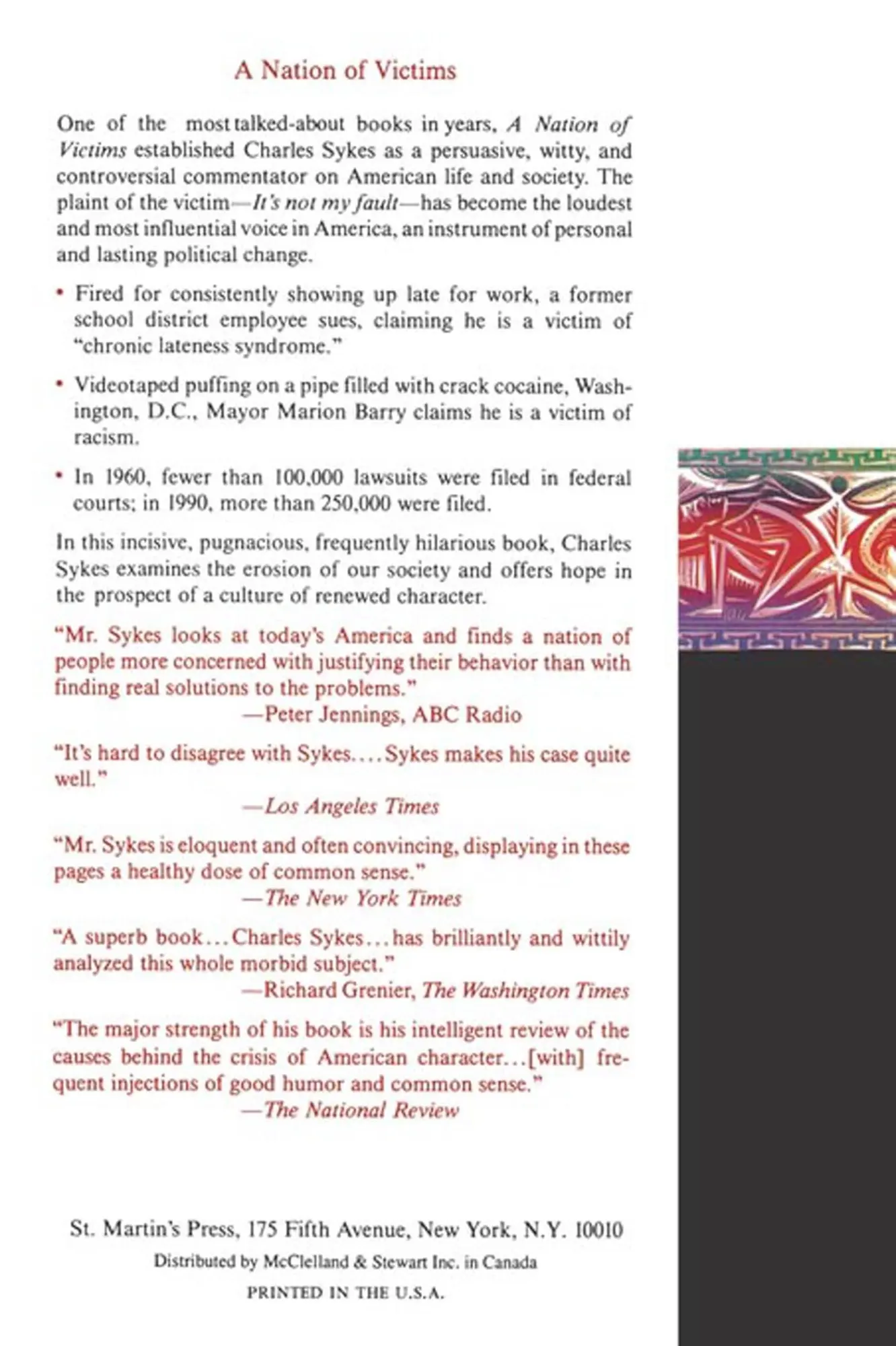 Rückseite: 9780312098827 | A Nation of Victims | The Decay of the American Character | Sykes