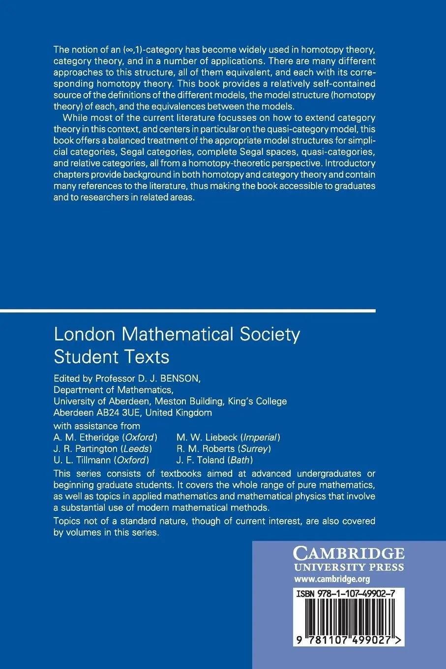 Rückseite: 9781107499027 | The Homotopy Theory of (¿,1)-Categories | Julia E. Bergner | Buch