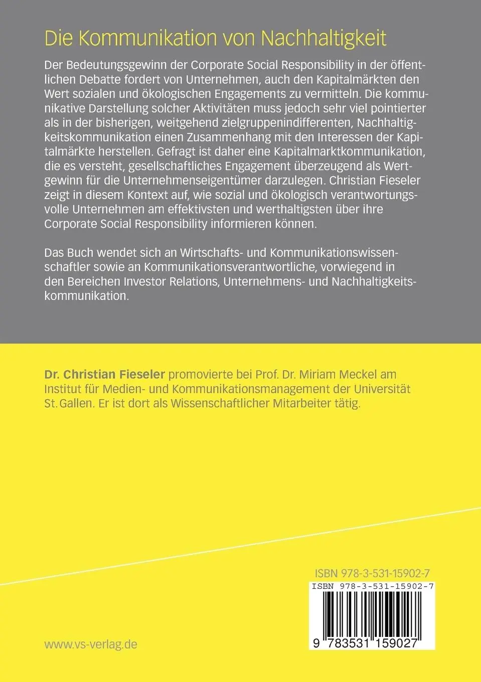 Rückseite: 9783531159027 | Die Kommunikation von Nachhaltigkeit | Christian Fieseler | Buch | xvi