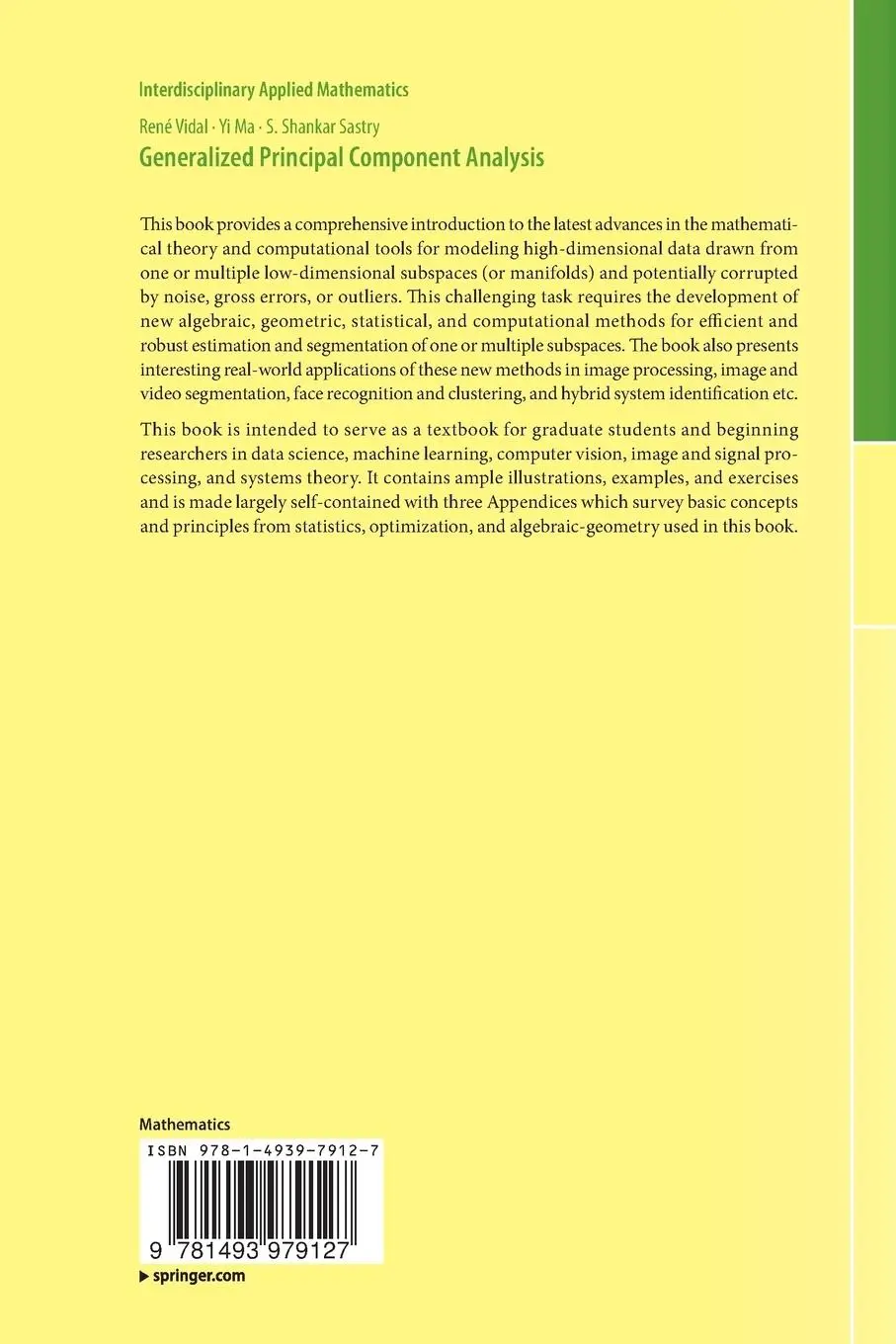 Rückseite: 9781493979127 | Generalized Principal Component Analysis | René Vidal (u. a.) | Buch