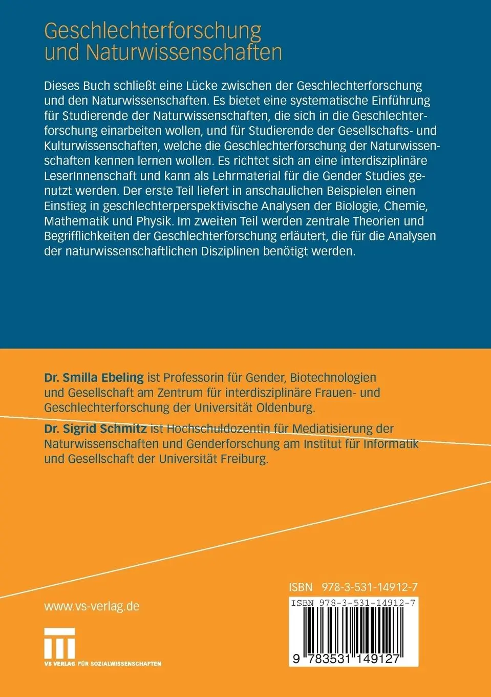 Rückseite: 9783531149127 | Geschlechterforschung und Naturwissenschaften | Sigrid Schmitz (u. a.)