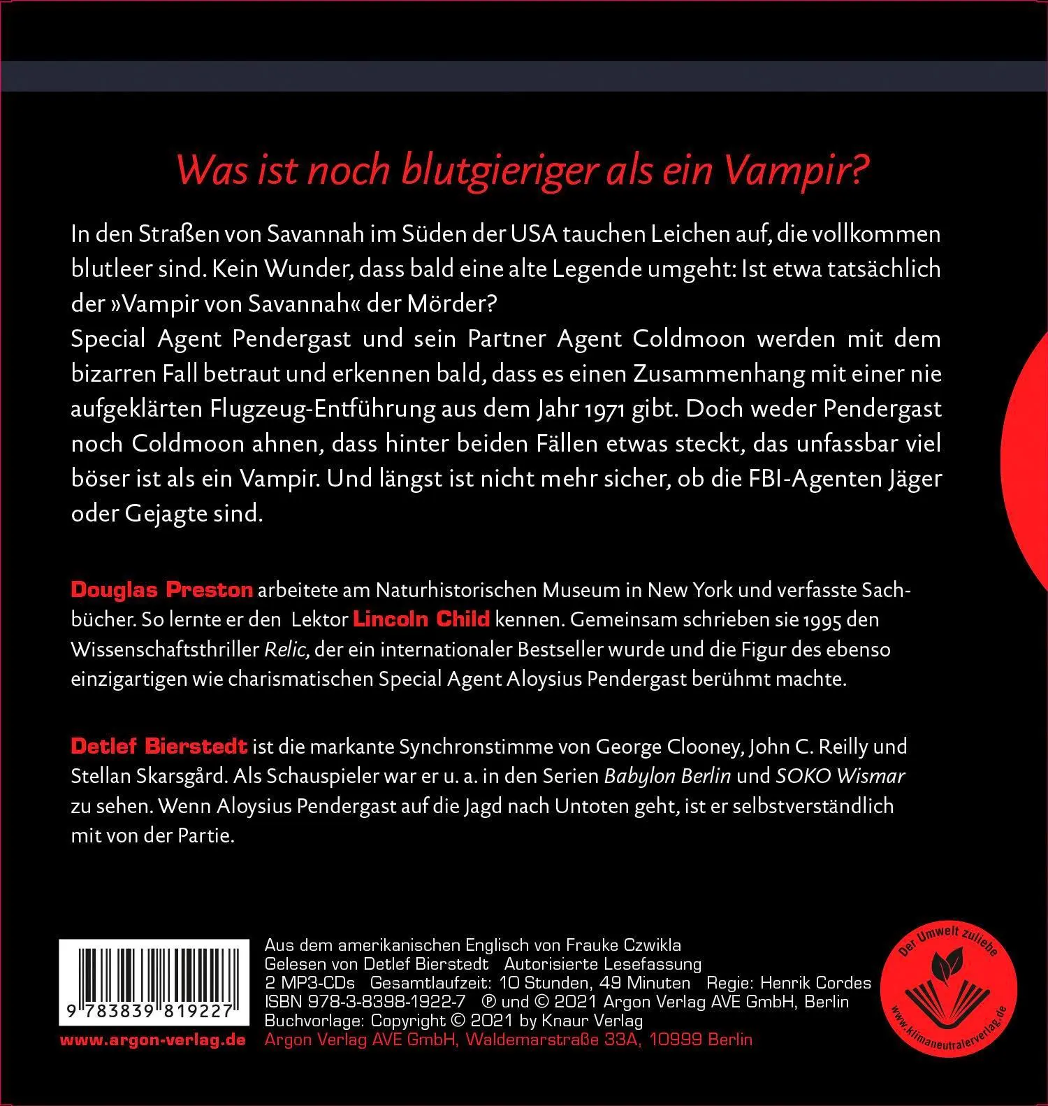 Rückseite: 9783839819227 | BLOODLESS - Grab des Verderbens | Douglas Preston (u. a.) | MP3 | 2021