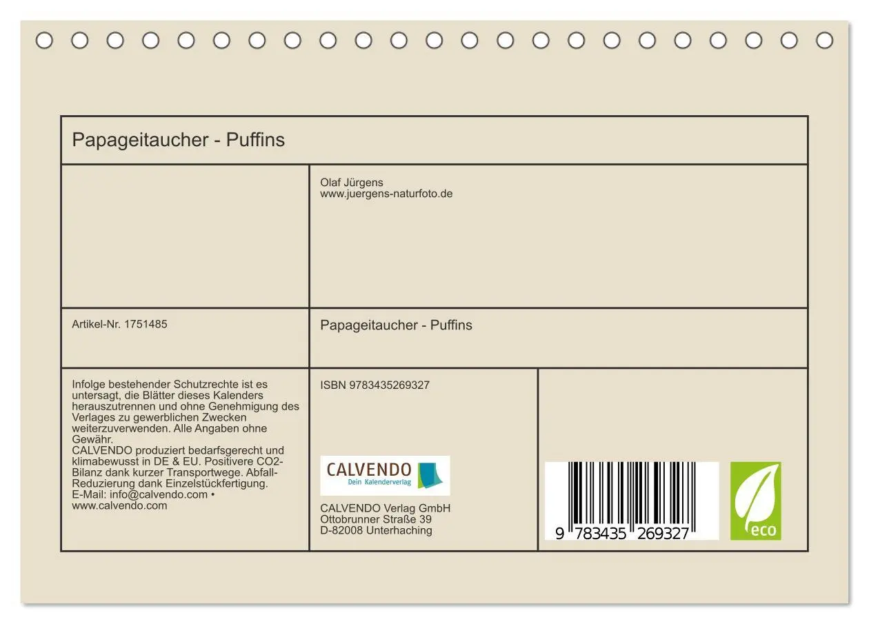 Bild: 9783435269327 | Papageitaucher - Puffins (Tischkalender 2025 DIN A5 quer), CALVENDO...