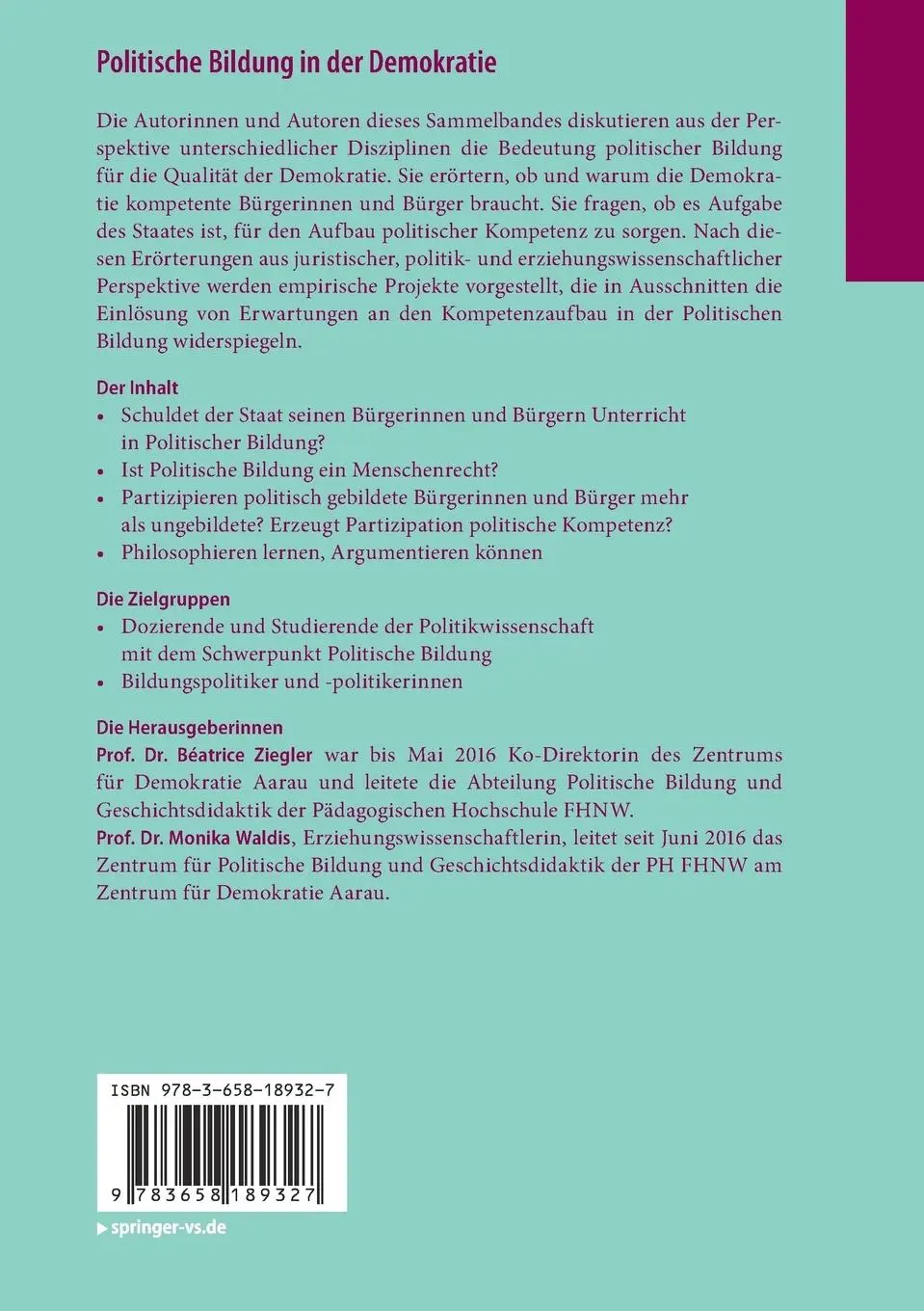 Rückseite: 9783658189327 | Politische Bildung in der Demokratie | Interdisziplinäre Perspektiven