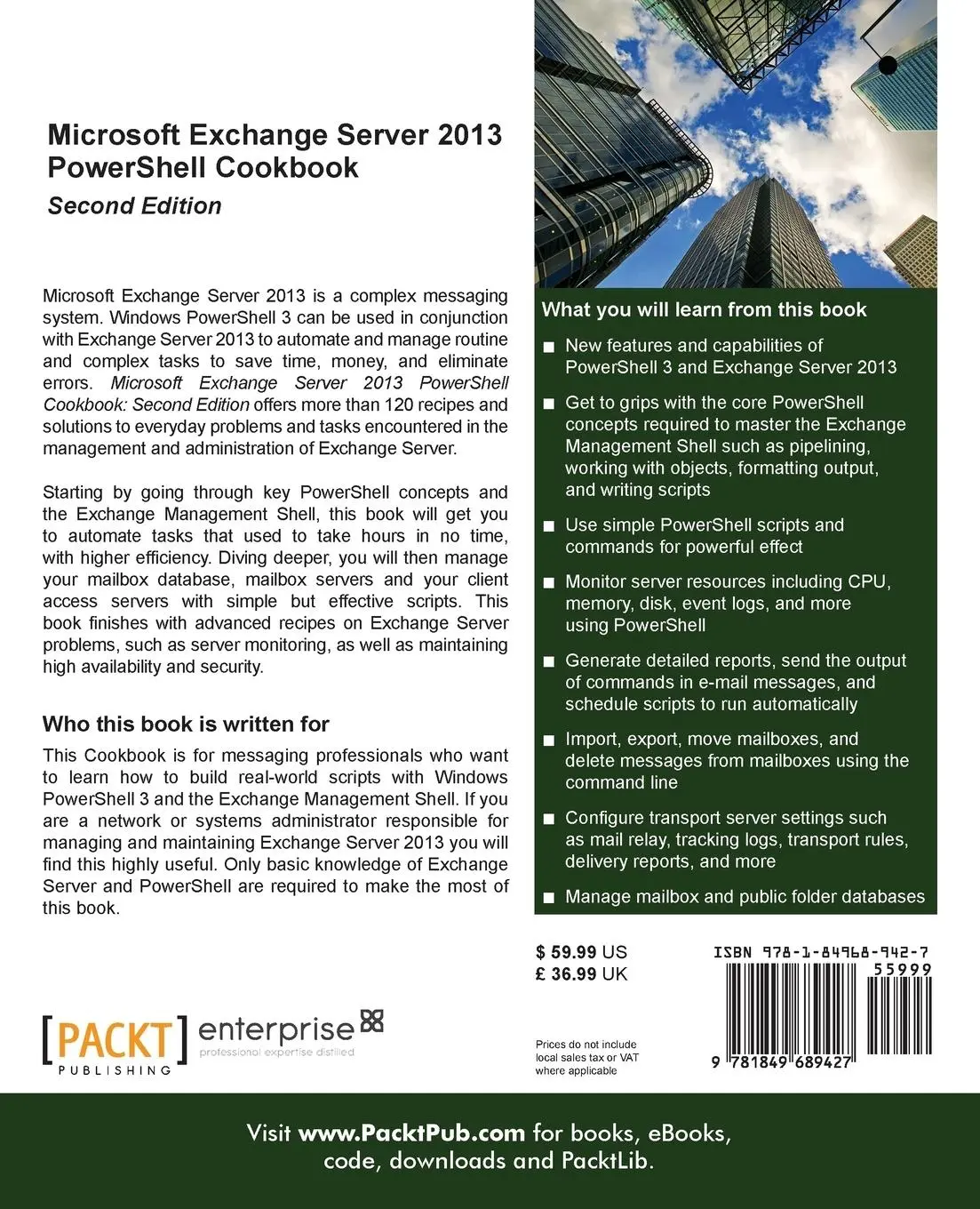 Rückseite: 9781849689427 | Microsoft Exchange Server 2013 Powershell Cookbook | Second Edition