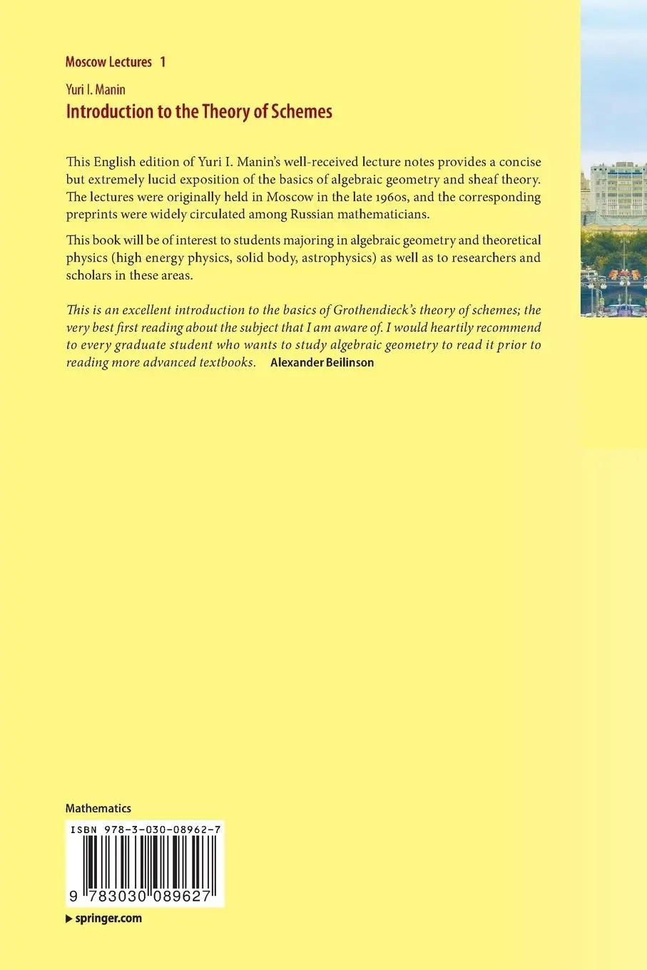 Rückseite: 9783030089627 | Introduction to the Theory of Schemes | Yuri I. Manin | Taschenbuch