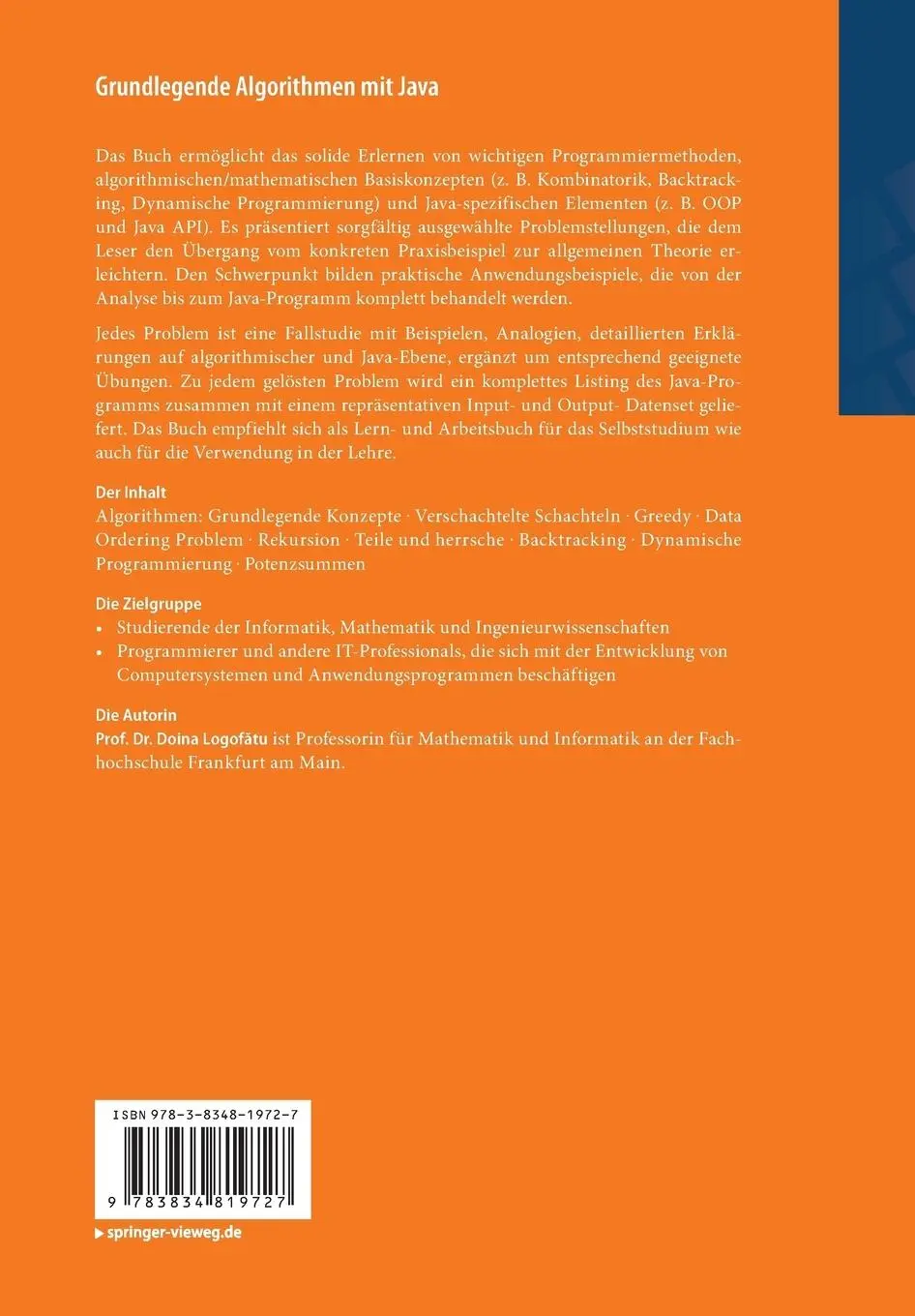 Rückseite: 9783834819727 | Grundlegende Algorithmen mit Java | Doina Logof¿tu | Taschenbuch | xvi