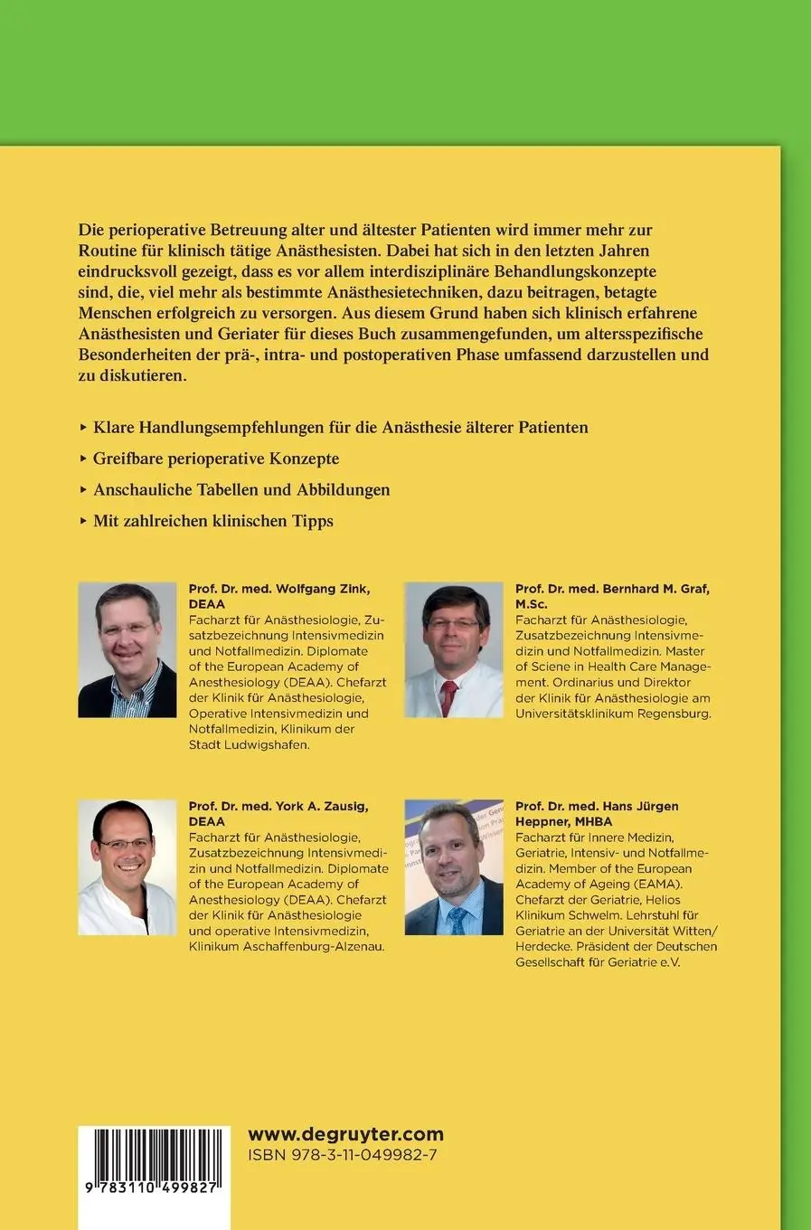 Rückseite: 9783110499827 | Anästhesie beim geriatrischen Patienten | Wolfgang Zink (u. a.) | Buch
