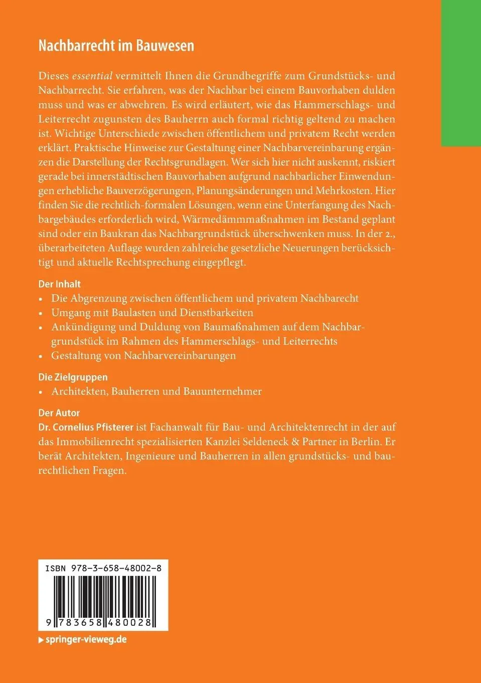 Rückseite: 9783658480028 | Nachbarrecht im Bauwesen | Cornelius Pfisterer | Taschenbuch | viii