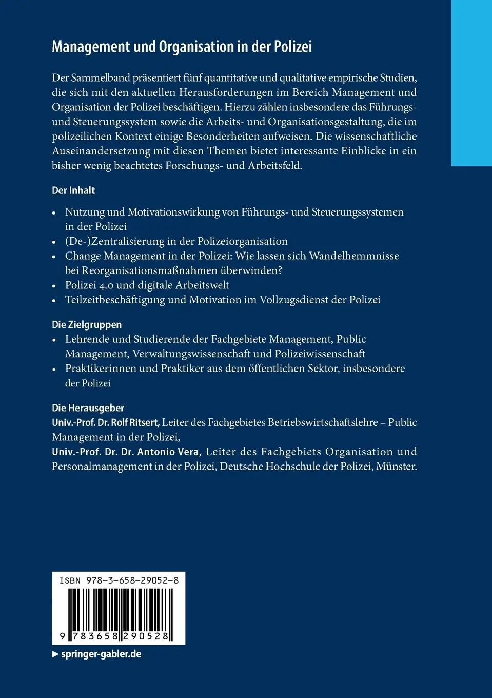Rückseite: 9783658290528 | Management und Organisation in der Polizei | Antonio Vera (u. a.) | vi