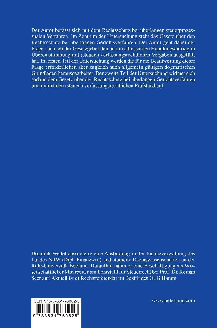 Rückseite: 9783631760628 | Rechtsschutz bei überlangen steuerprozessualen Verfahren | Wedel