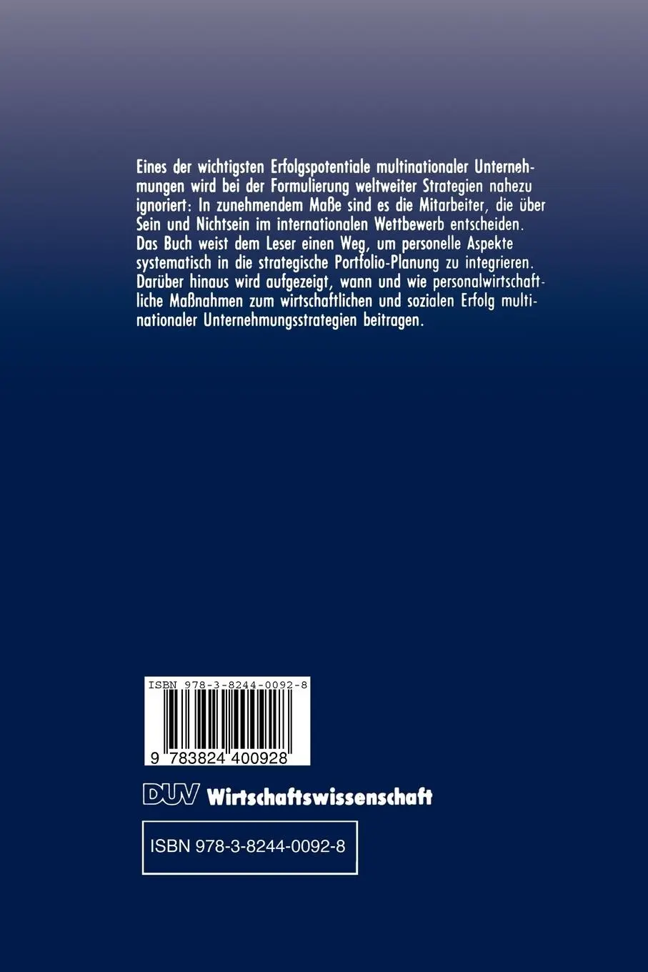 Rückseite: 9783824400928 | Strategische Personalplanung in multinationalen Unternehmungen | Buch