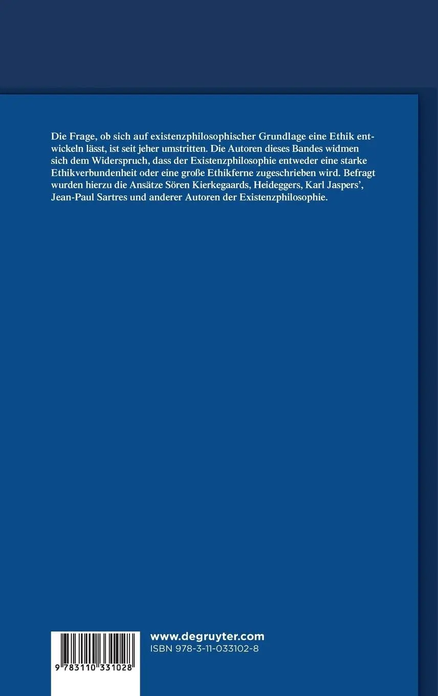 Rückseite: 9783110331028 | Existenzphilosophie und Ethik | Manuela Hackel (u. a.) | Buch | XII