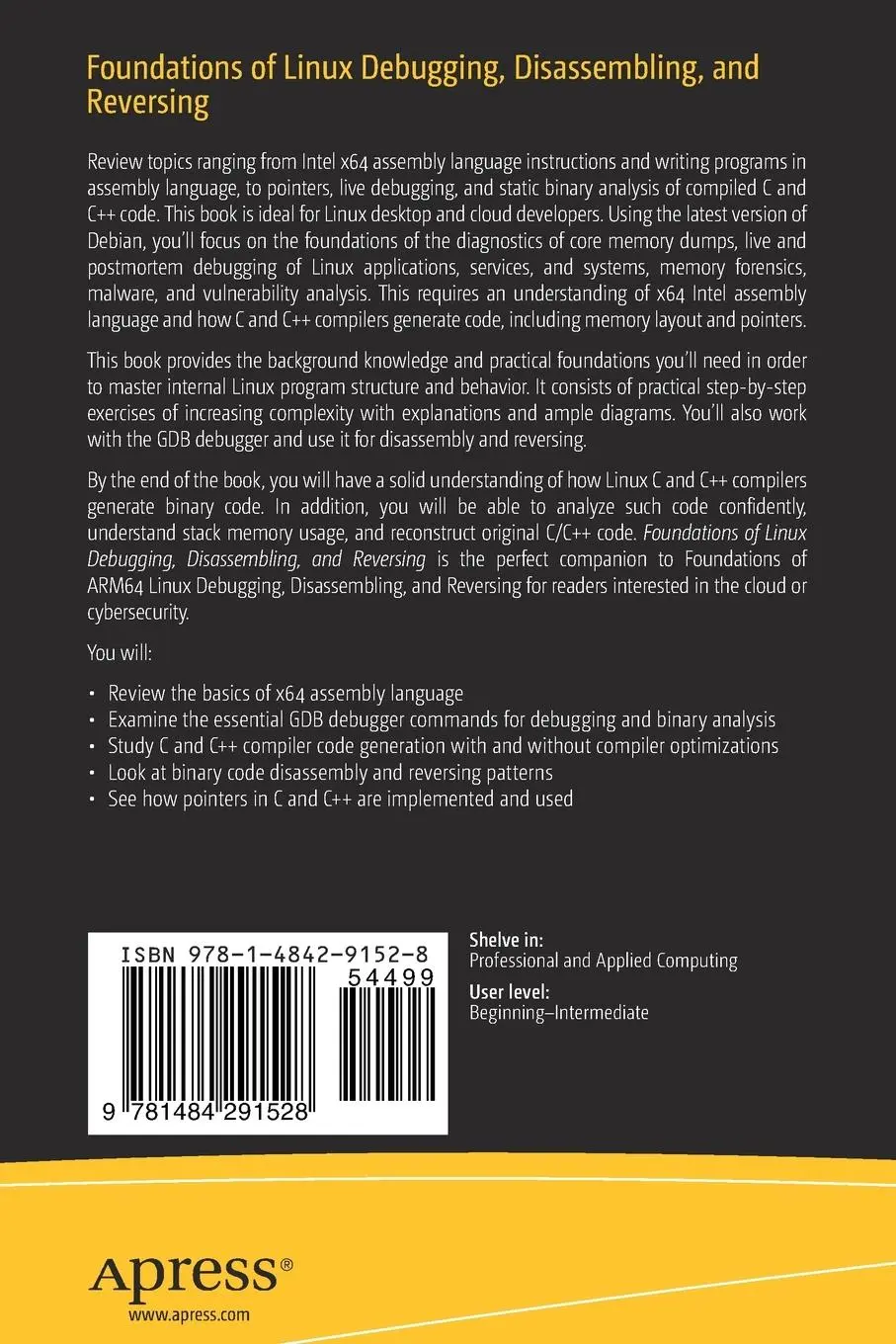 Rückseite: 9781484291528 | Foundations of Linux Debugging, Disassembling, and Reversing | Buch