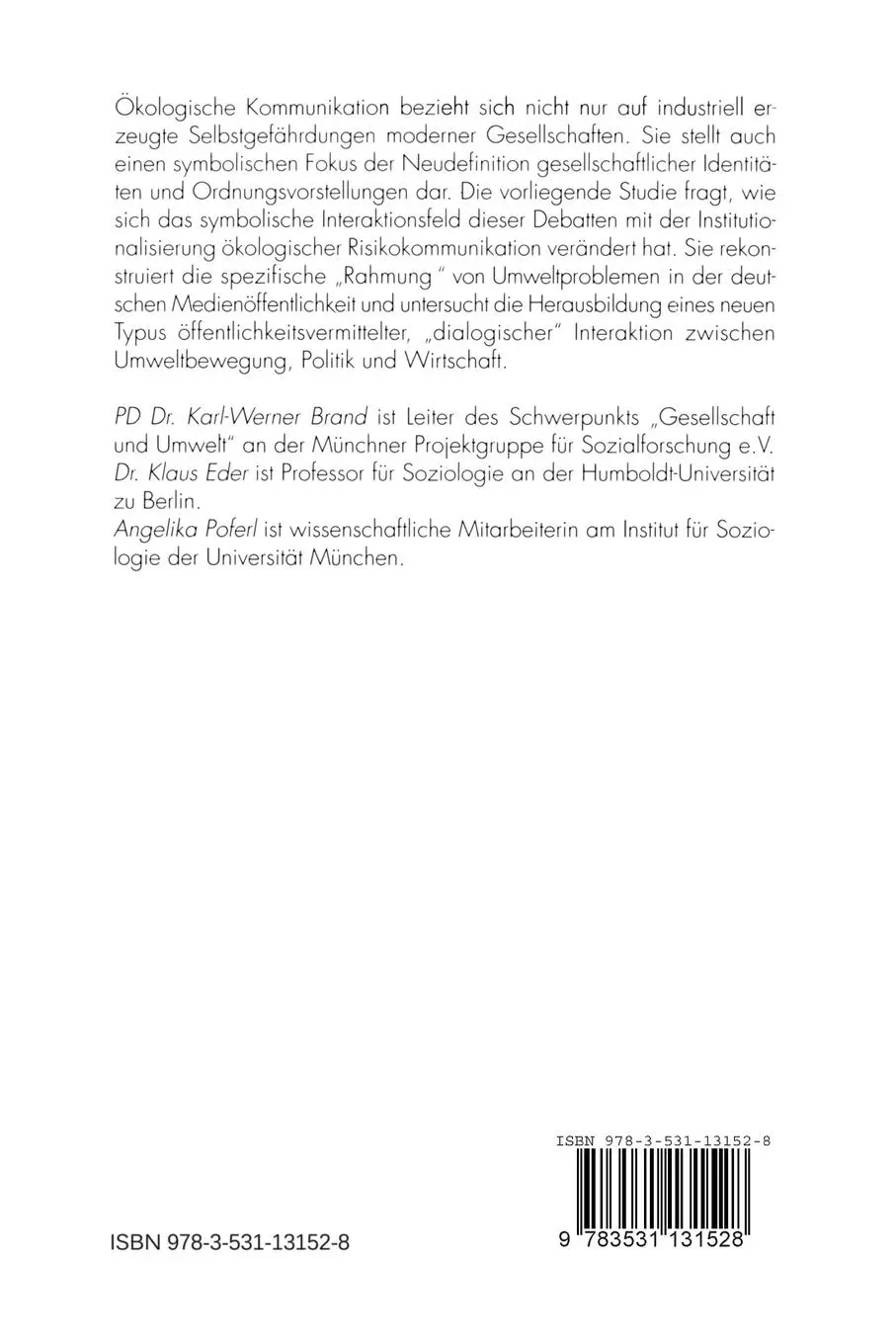 Rückseite: 9783531131528 | Ökologische Kommunikation in Deutschland | Klaus Eder (u. a.) | Buch