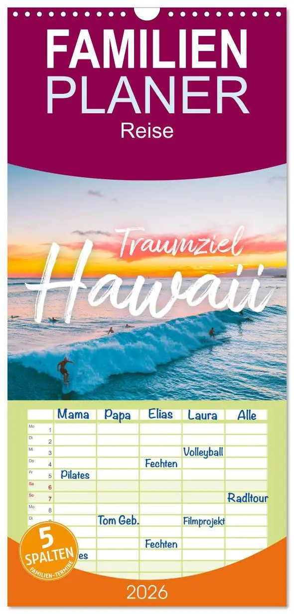 Cover: 9783516501728 | Familienplaner 2026 - Hawaii Traumziel mit 5 Spalten (Wandkalender,...