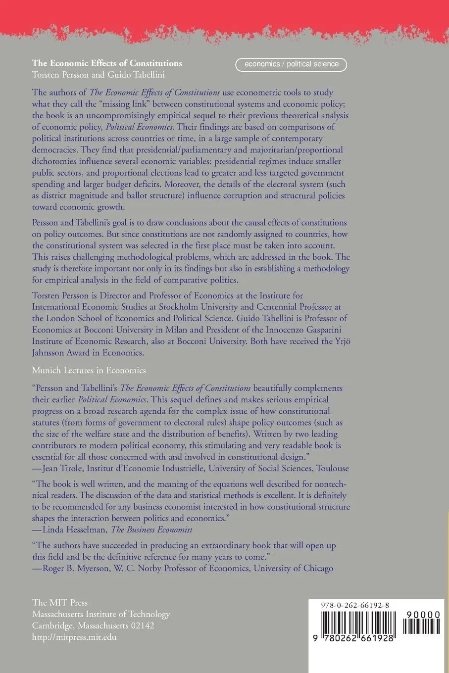 Rückseite: 9780262661928 | The Economic Effects of Constitutions | Torsten Persson (u. a.) | Buch
