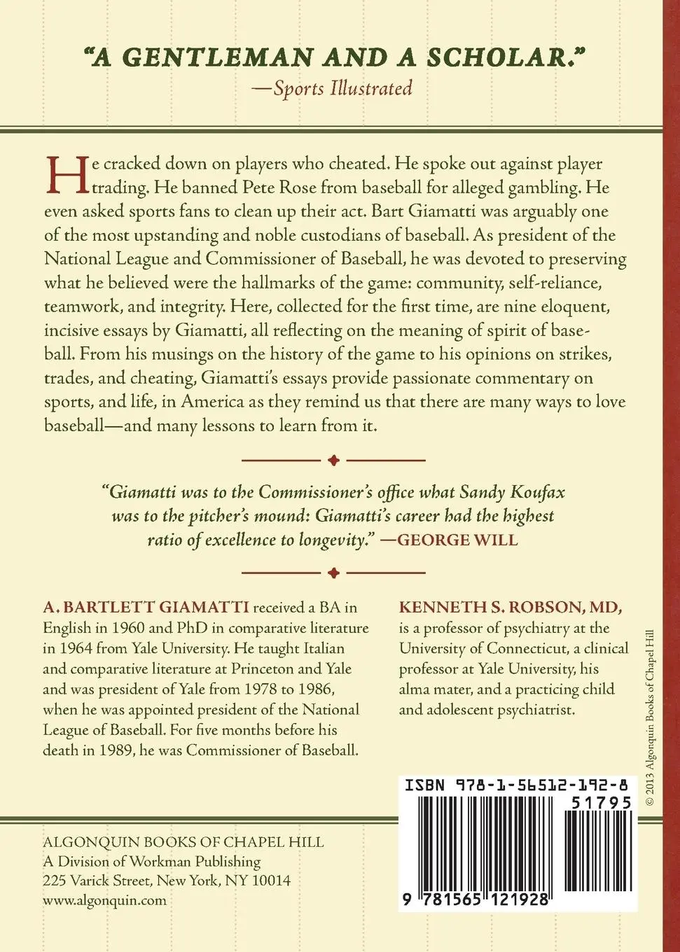 Rückseite: 9781565121928 | A Great and Glorious Game | Baseball Writings of A. Bartlett Giamatti