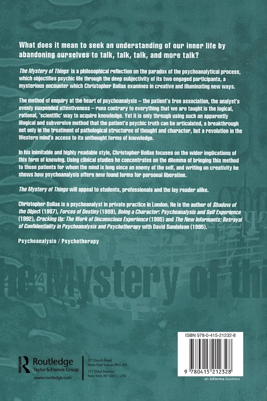 Rückseite: 9780415212328 | The Mystery of Things | Christopher Bollas | Taschenbuch | Englisch