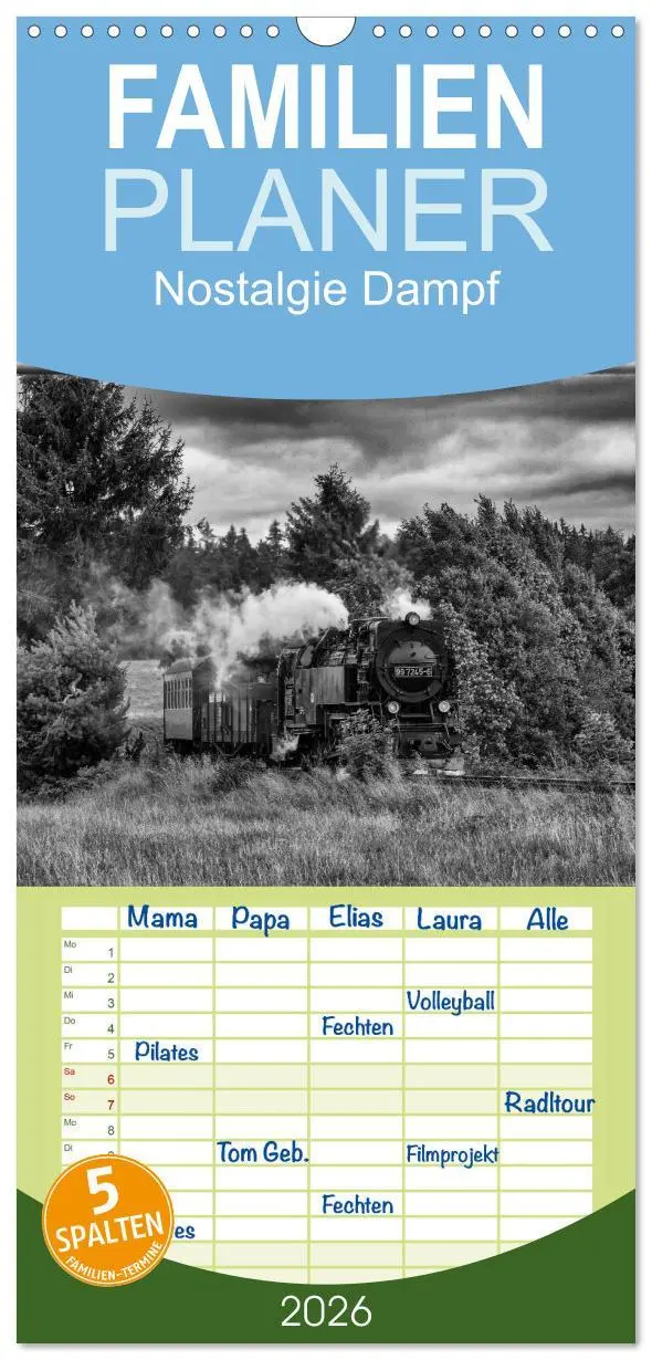 Cover: 9783516512328 | Familienplaner 2026 - Nostalgie Dampf mit 5 Spalten (Wandkalender,...