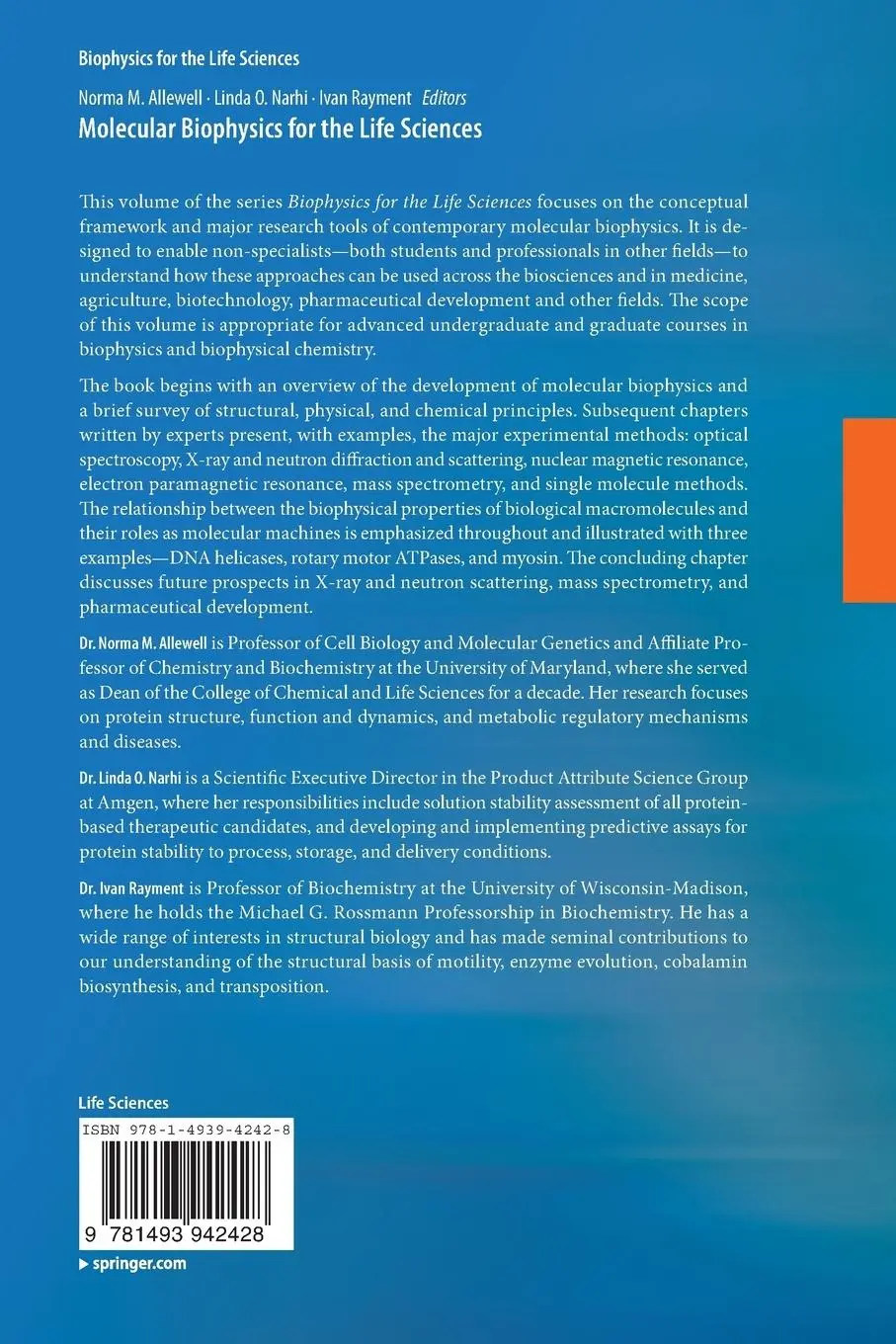 Rückseite: 9781493942428 | Molecular Biophysics for the Life Sciences | Norma Allewell (u. a.)