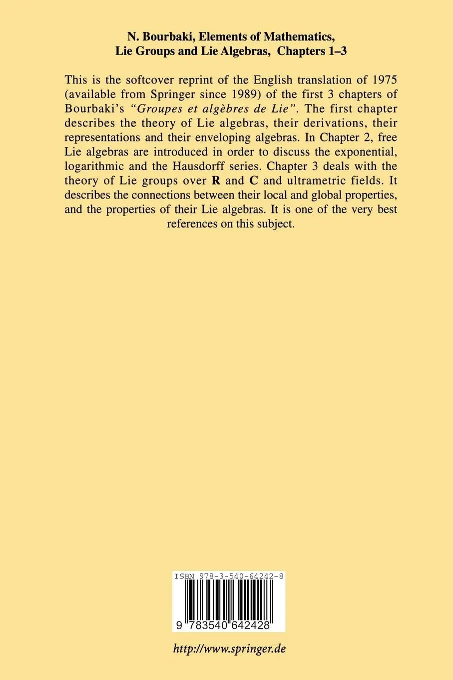 Rückseite: 9783540642428 | Lie Groups and Lie Algebras | Chapters 1-3 | N. Bourbaki | Taschenbuch