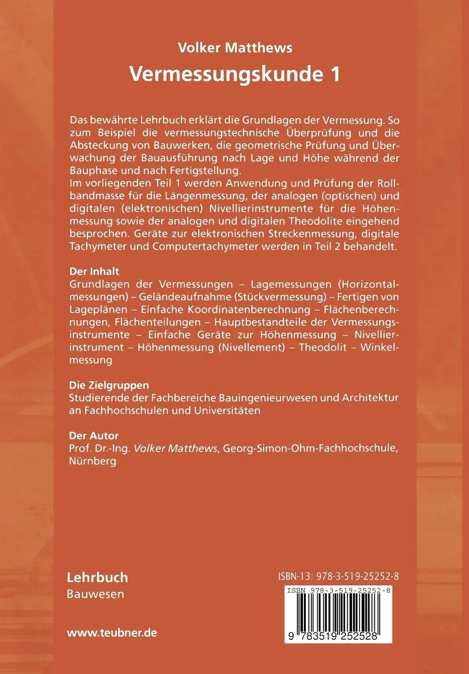 Rückseite: 9783519252528 | Vermessungskunde 1 | Lage-, Höhen- und Winkelmessungen | Matthews | x