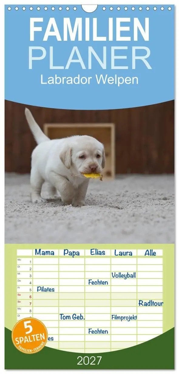 Cover: 9783594332528 | Familienplaner 2027 - Labrador Welpen mit 5 Spalten (Wandkalender,...