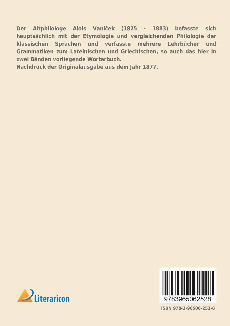 Rückseite: 9783965062528 | Griechisch-lateinisches etymologisches Wörterbuch | 1. Band | Vani¿ek