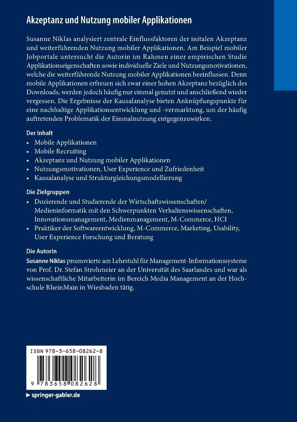 Rückseite: 9783658082628 | Akzeptanz und Nutzung mobiler Applikationen | Susanne Niklas | Buch