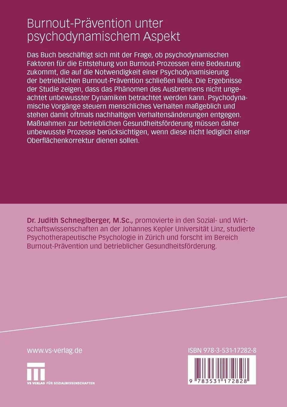 Rückseite: 9783531172828 | Burnout-Prävention unter psychodynamischem Aspekt | Schneglberger